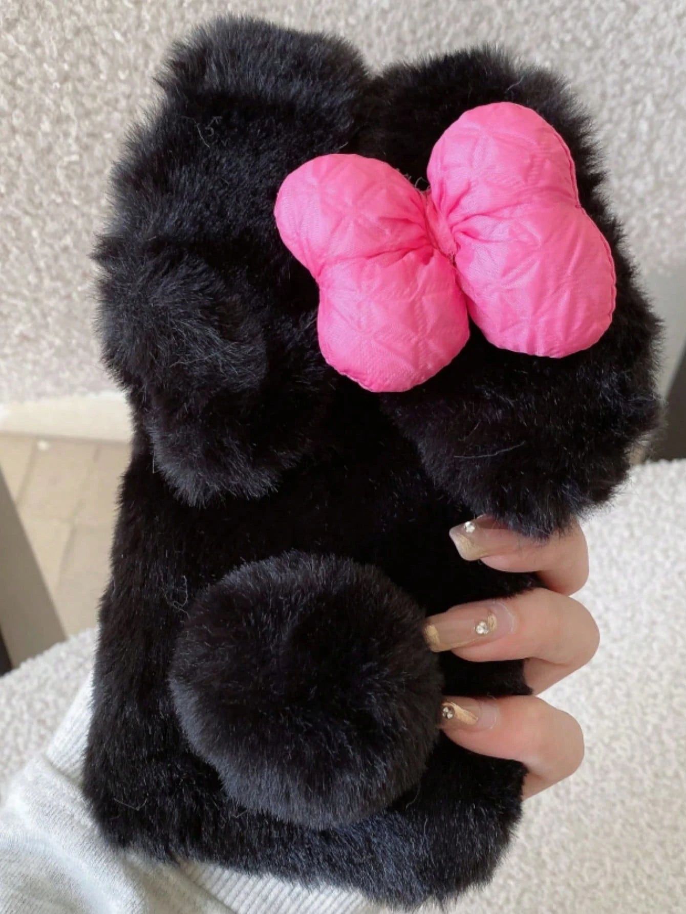 Pink Black Winter Plush Furry Novelty Rabbit Bow Plush Heart Phone Case Compatible With IPhone 16 Pro Max, 11/12/13/14/15/16 Pro Max, Compatible With Galaxy S25/S22/23/24+, A04/A05/A14/A15/A24/A25/A34
