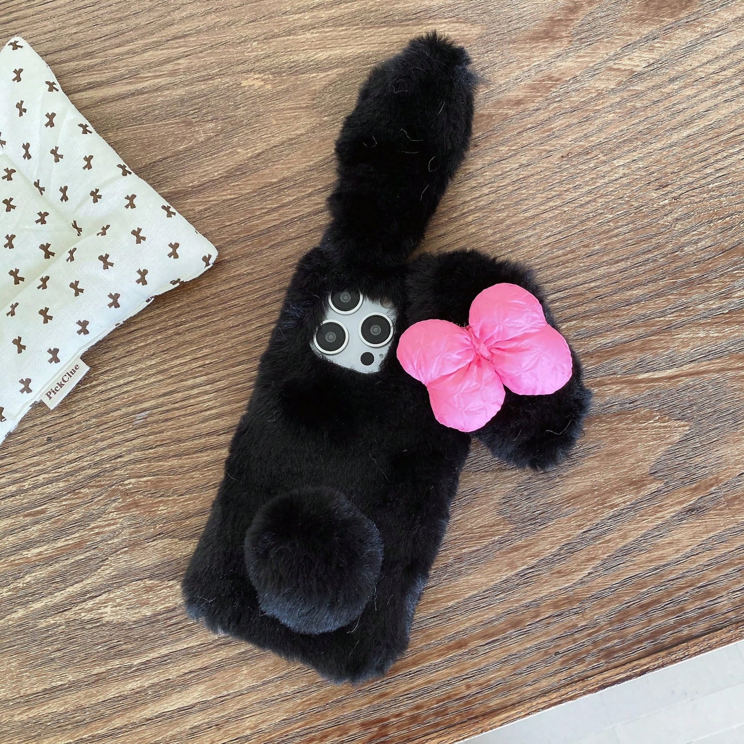 Pink Black Winter Plush Furry Novelty Rabbit Bow Plush Heart Phone Case Compatible With IPhone 16 Pro Max, 11/12/13/14/15/16 Pro Max, Compatible With Galaxy S25/S22/23/24+, A04/A05/A14/A15/A24/A25/A34