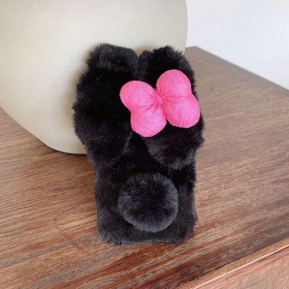 Pink Black Winter Plush Furry Novelty Rabbit Bow Plush Heart Phone Case Compatible With IPhone 16 Pro Max, 11/12/13/14/15/16 Pro Max, Compatible With Galaxy S25/S22/23/24+, A04/A05/A14/A15/A24/A25/A34
