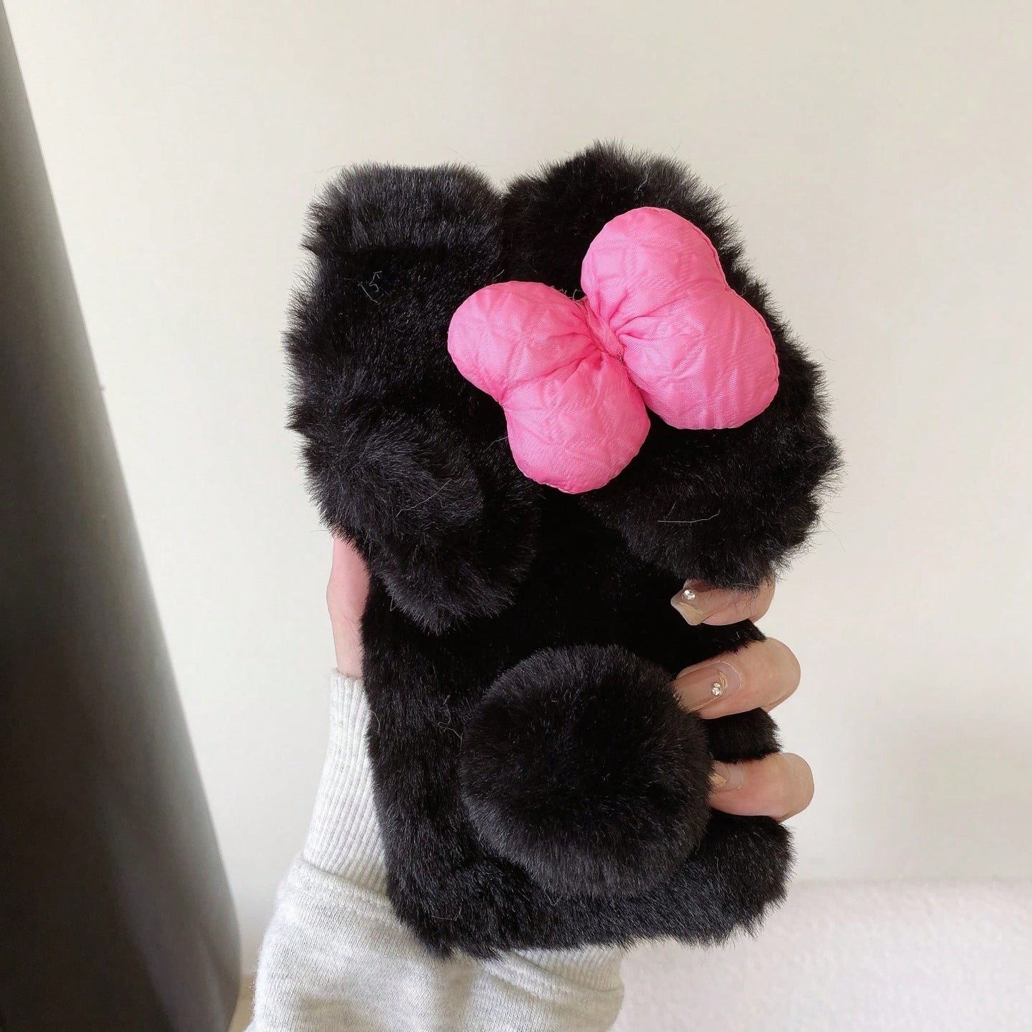 Pink Black Winter Plush Furry Novelty Rabbit Bow Plush Heart Phone Case Compatible With IPhone 16 Pro Max, 11/12/13/14/15/16 Pro Max, Compatible With Galaxy S25/S22/23/24+, A04/A05/A14/A15/A24/A25/A34