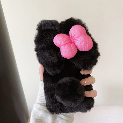 Pink Black Winter Plush Furry Novelty Rabbit Bow Plush Heart Phone Case Compatible With IPhone 16 Pro Max, 11/12/13/14/15/16 Pro Max, Compatible With Galaxy S25/S22/23/24+, A04/A05/A14/A15/A24/A25/A34
