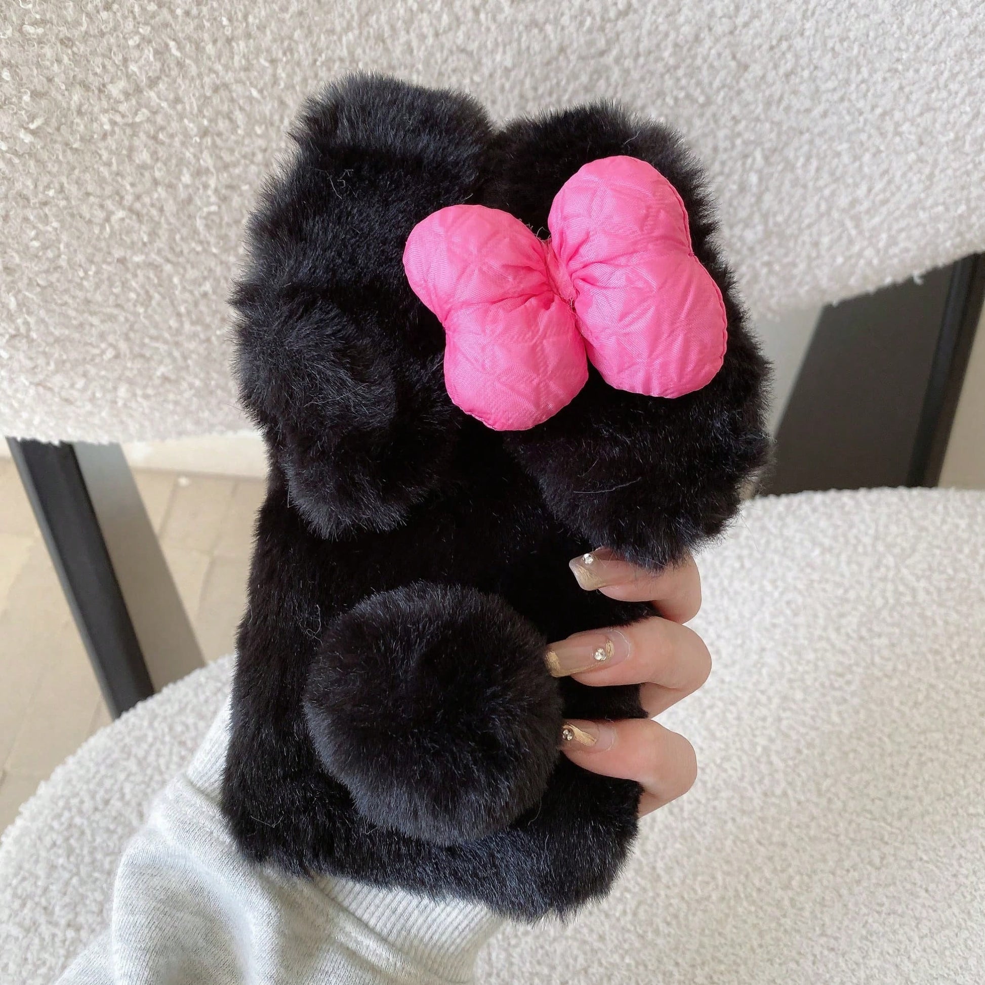 Pink Black Winter Plush Furry Novelty Rabbit Bow Plush Heart Phone Case Compatible With IPhone 16 Pro Max, 11/12/13/14/15/16 Pro Max, Compatible With Galaxy S25/S22/23/24+, A04/A05/A14/A15/A24/A25/A34