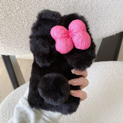 Pink Black Winter Plush Furry Novelty Rabbit Bow Plush Heart Phone Case Compatible With IPhone 16 Pro Max, 11/12/13/14/15/16 Pro Max, Compatible With Galaxy S25/S22/23/24+, A04/A05/A14/A15/A24/A25/A34