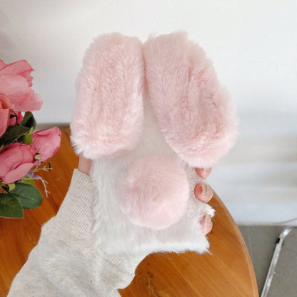 Pink Black Winter Plush Furry Novelty Rabbit Bow Plush Heart Phone Case Compatible With IPhone 16 Pro Max, 11/12/13/14/15/16 Pro Max, Compatible With Galaxy S25/S22/23/24+, A04/A05/A14/A15/A24/A25/A34