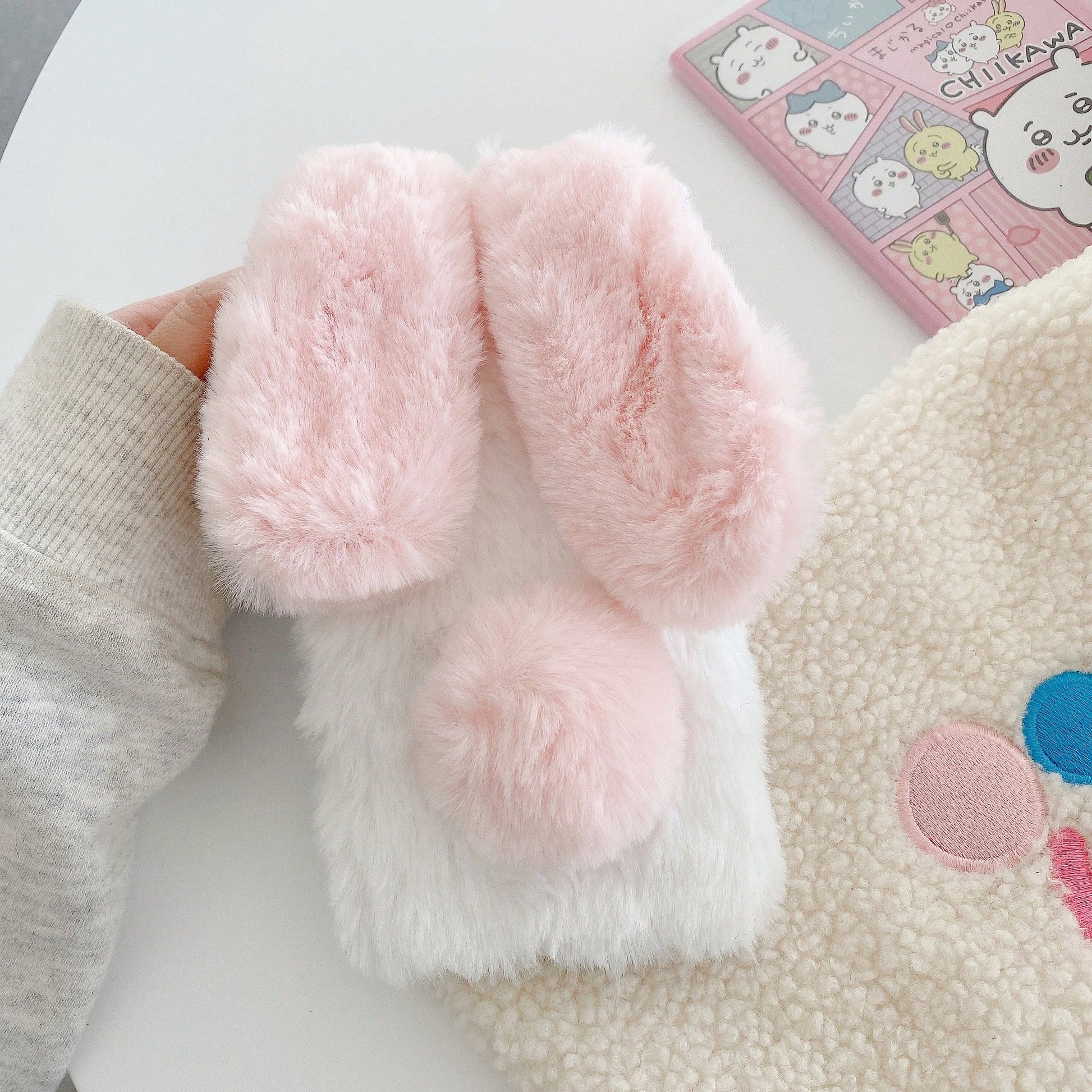 Pink Black Winter Plush Furry Novelty Rabbit Bow Plush Heart Phone Case Compatible With IPhone 16 Pro Max, 11/12/13/14/15/16 Pro Max, Compatible With Galaxy S25/S22/23/24+, A04/A05/A14/A15/A24/A25/A34