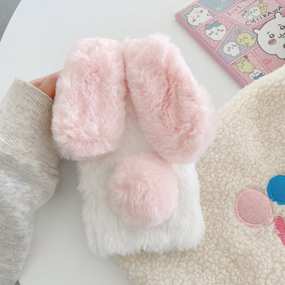 Pink Black Winter Plush Furry Novelty Rabbit Bow Plush Heart Phone Case Compatible With IPhone 16 Pro Max, 11/12/13/14/15/16 Pro Max, Compatible With Galaxy S25/S22/23/24+, A04/A05/A14/A15/A24/A25/A34