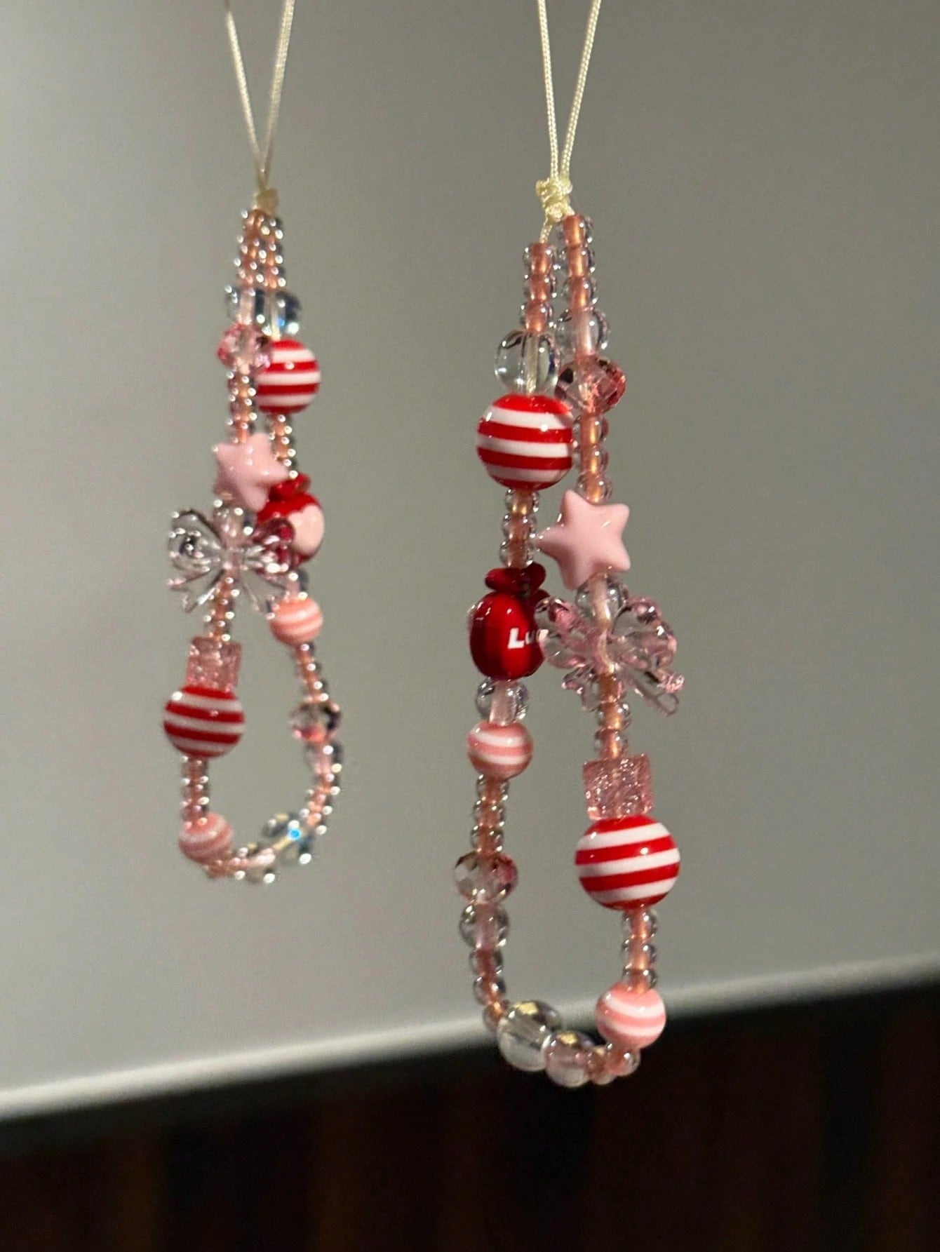 Pink Bow Tie INS Style Korean Red Beads Pink Star Phone Strap Apple Phone Chain Beaded Camera Charm Spring Birthday Gift