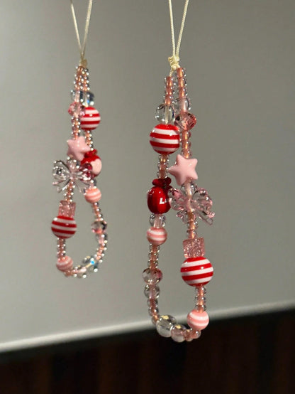 Pink Bow Tie INS Style Korean Red Beads Pink Star Phone Strap Apple Phone Chain Beaded Camera Charm Spring Birthday Gift