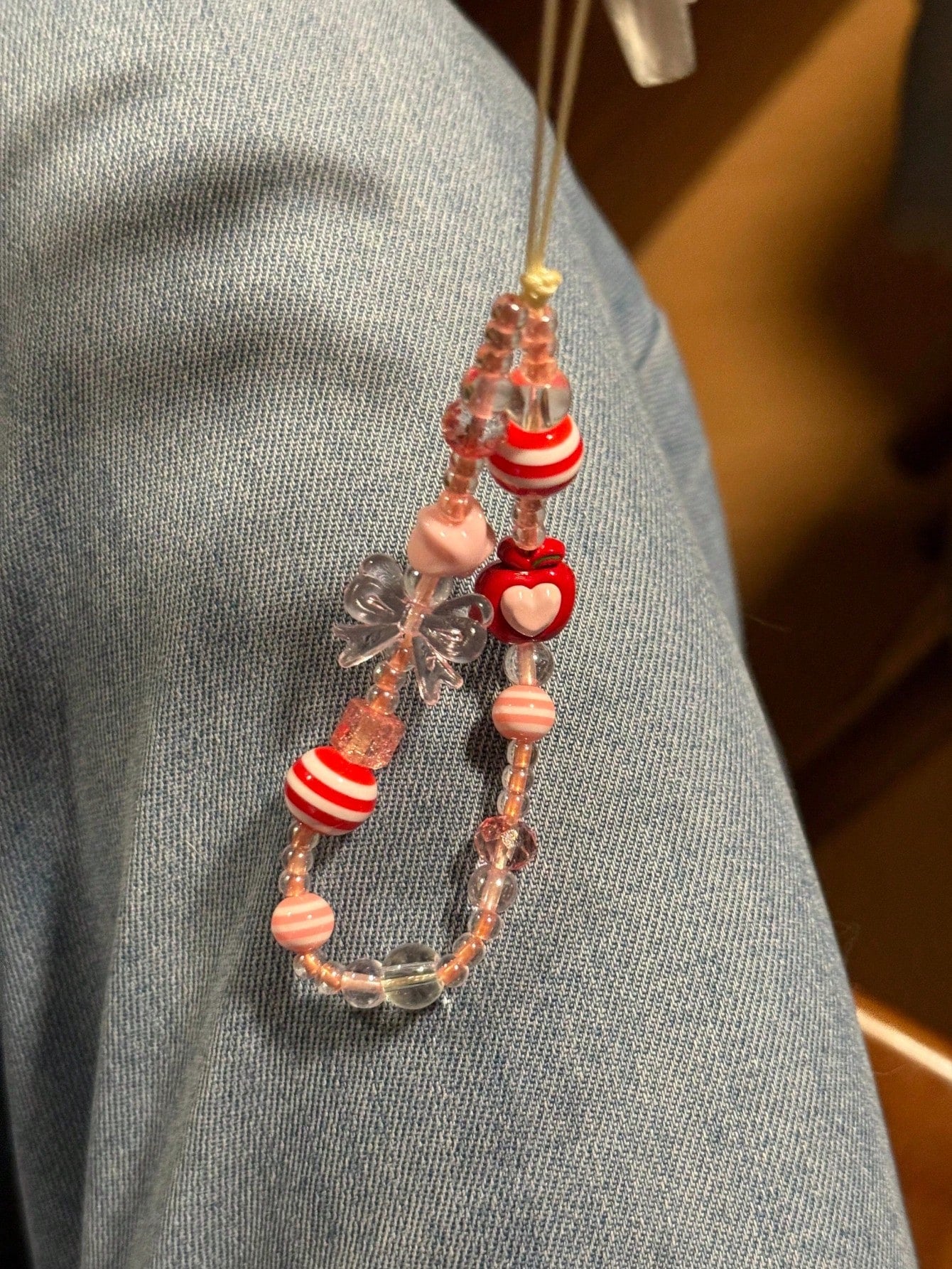 Pink Bow Tie INS Style Korean Red Beads Pink Star Phone Strap Apple Phone Chain Beaded Camera Charm Spring Birthday Gift
