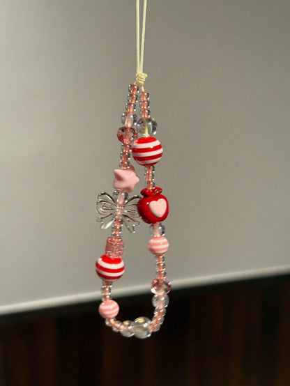 Pink Bow Tie INS Style Korean Red Beads Pink Star Phone Strap Apple Phone Chain Beaded Camera Charm Spring Birthday Gift