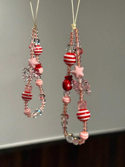 Pink Bow Tie INS Style Korean Red Beads Pink Star Phone Strap Apple Phone Chain Beaded Camera Charm Spring Birthday Gift