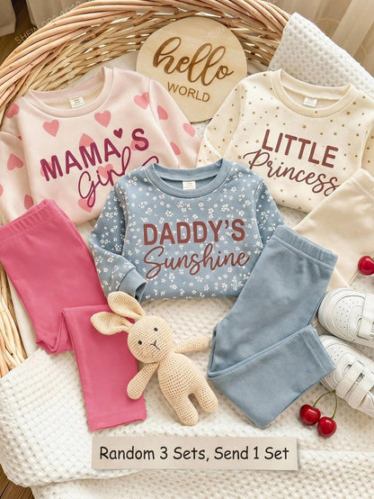 Pink, Cute Heart Letter Mama'girl❤, Baby Girl Casual Comfortable Soft Thick Warm Crew Neck Long Sleeve Sweatshirt & Leggings, Suitable For Autumn/Winter Daily, Cozy Season, Stylish Baby Girl
