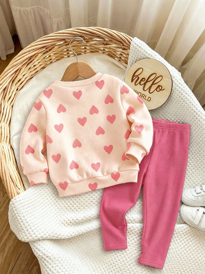 Pink, Cute Heart Letter Mama'girl❤, Baby Girl Casual Comfortable Soft Thick Warm Crew Neck Long Sleeve Sweatshirt & Leggings, Suitable For Autumn/Winter Daily, Cozy Season, Stylish Baby Girl