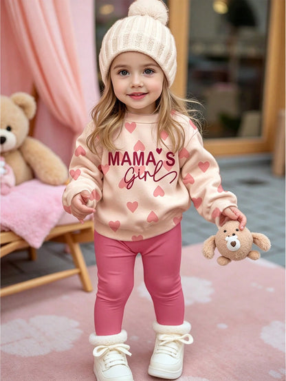 Pink, Cute Heart Letter Mama'girl❤, Baby Girl Casual Comfortable Soft Thick Warm Crew Neck Long Sleeve Sweatshirt & Leggings, Suitable For Autumn/Winter Daily, Cozy Season, Stylish Baby Girl
