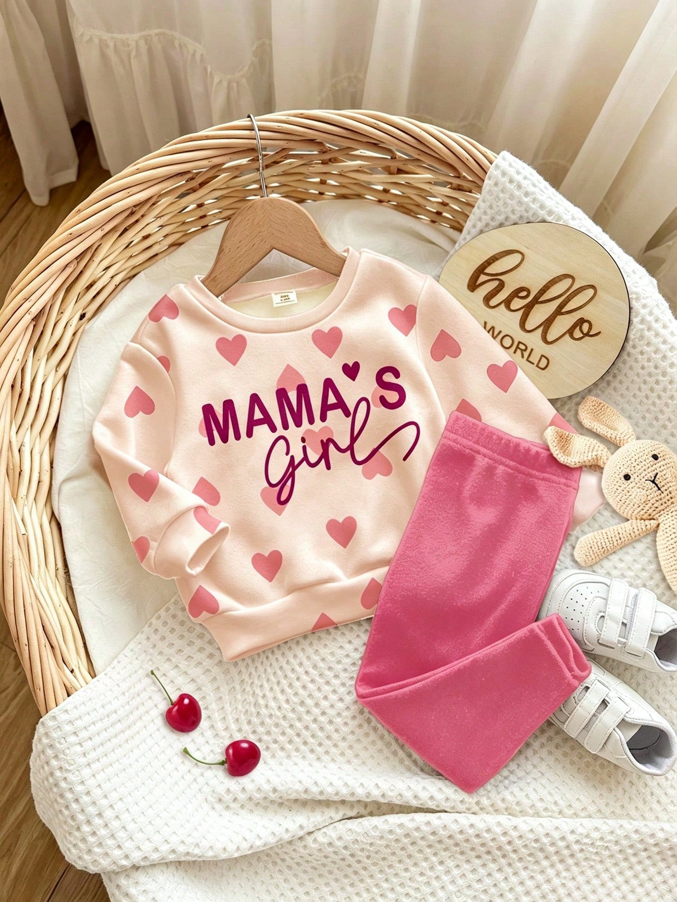 Pink, Cute Heart Letter Mama'girl❤, Baby Girl Casual Comfortable Soft Thick Warm Crew Neck Long Sleeve Sweatshirt & Leggings, Suitable For Autumn/Winter Daily, Cozy Season, Stylish Baby Girl