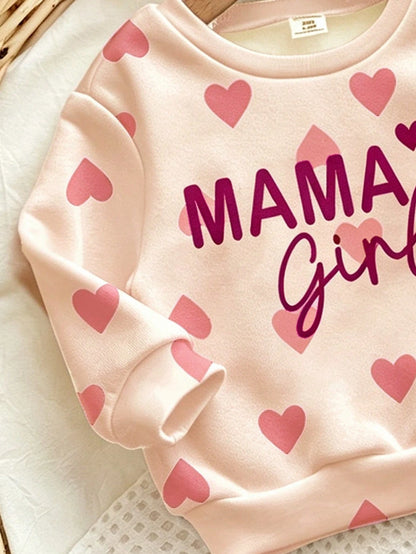 Pink, Cute Heart Letter Mama'girl❤, Baby Girl Casual Comfortable Soft Thick Warm Crew Neck Long Sleeve Sweatshirt & Leggings, Suitable For Autumn/Winter Daily, Cozy Season, Stylish Baby Girl