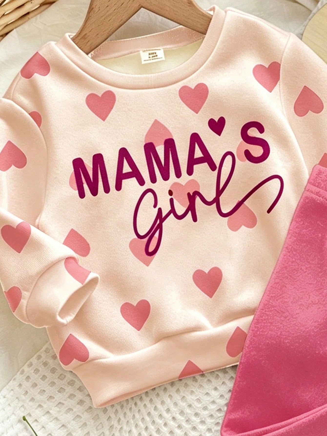 Pink, Cute Heart Letter Mama'girl❤, Baby Girl Casual Comfortable Soft Thick Warm Crew Neck Long Sleeve Sweatshirt & Leggings, Suitable For Autumn/Winter Daily, Cozy Season, Stylish Baby Girl