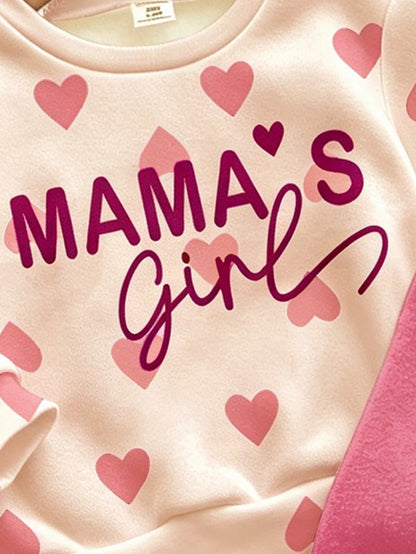 Pink, Cute Heart Letter Mama'girl❤, Baby Girl Casual Comfortable Soft Thick Warm Crew Neck Long Sleeve Sweatshirt & Leggings, Suitable For Autumn/Winter Daily, Cozy Season, Stylish Baby Girl