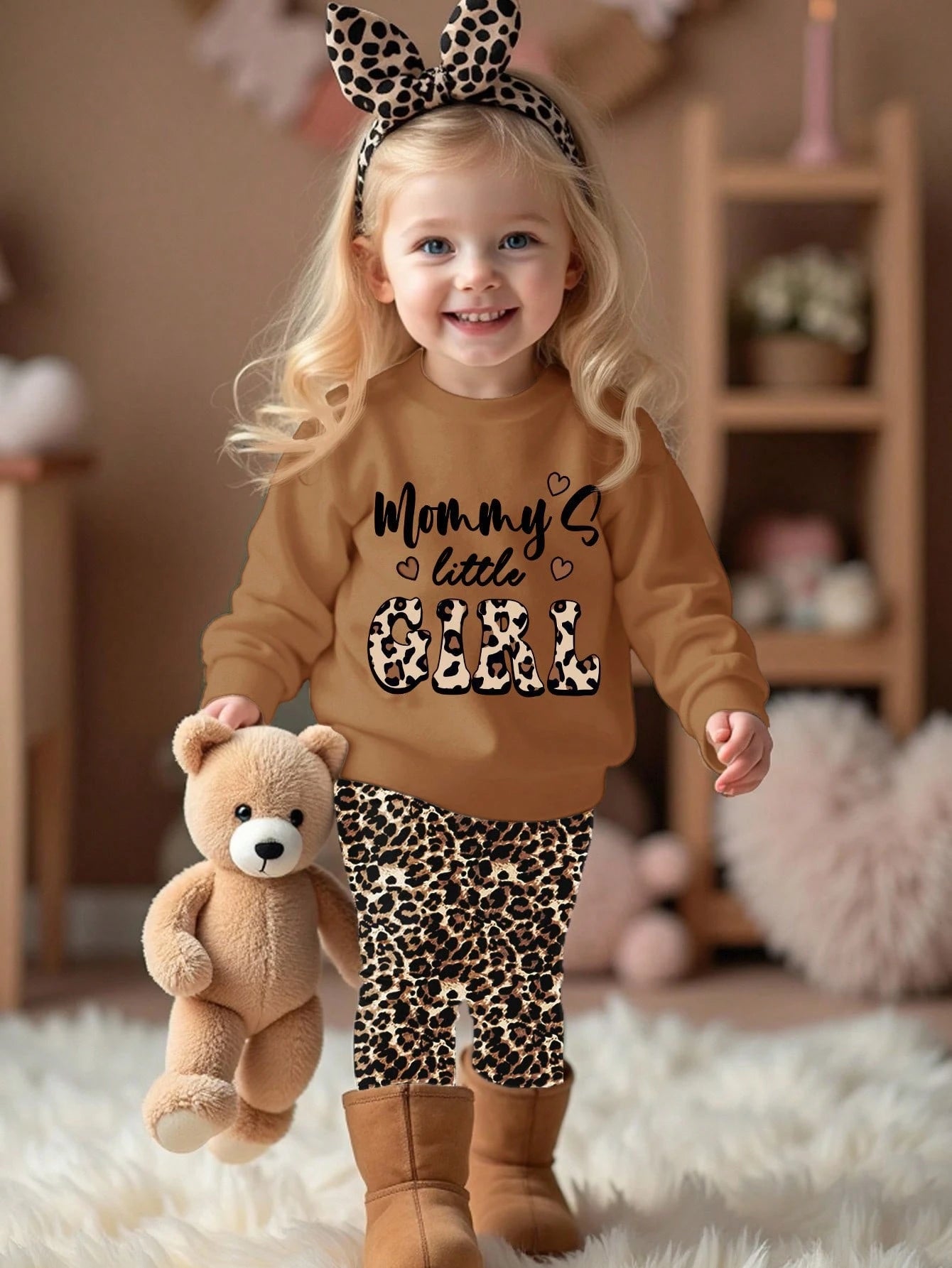 Pink, Cute Heart Letter Mama'girl❤, Baby Girl Casual Comfortable Soft Thick Warm Crew Neck Long Sleeve Sweatshirt & Leggings, Suitable For Autumn/Winter Daily, Cozy Season, Stylish Baby Girl