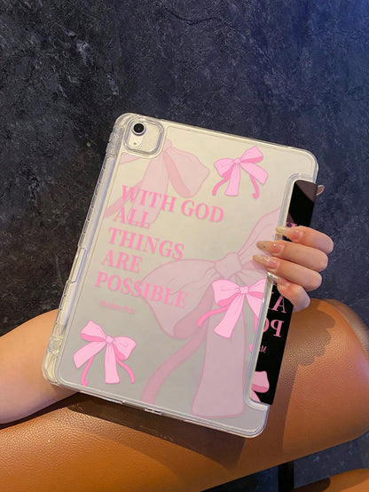 Pink Flip Pad Case Bowknot Elements Shockproof Tablet Protective Case Features A Design Combining A Transparent Hard Shell And A Magnetic Foldable Front Cover Slim Lightweight Portable Stylish Practic