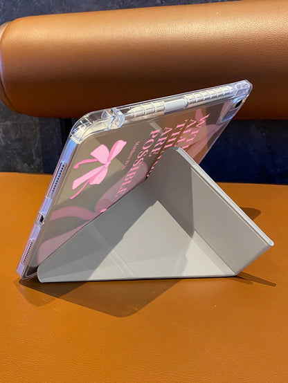 Pink Flip Pad Case Bowknot Elements Shockproof Tablet Protective Case Features A Design Combining A Transparent Hard Shell And A Magnetic Foldable Front Cover Slim Lightweight Portable Stylish Practic