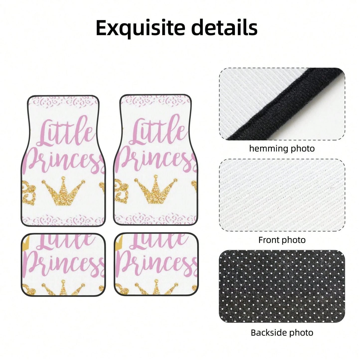 Pink Text Little Princ-Ess On White Background With Lace Car Floor Carpet Set Of 4, Auto Interior Floor Mats Durable Front & Rear Carpets For Car Accessories Decoration