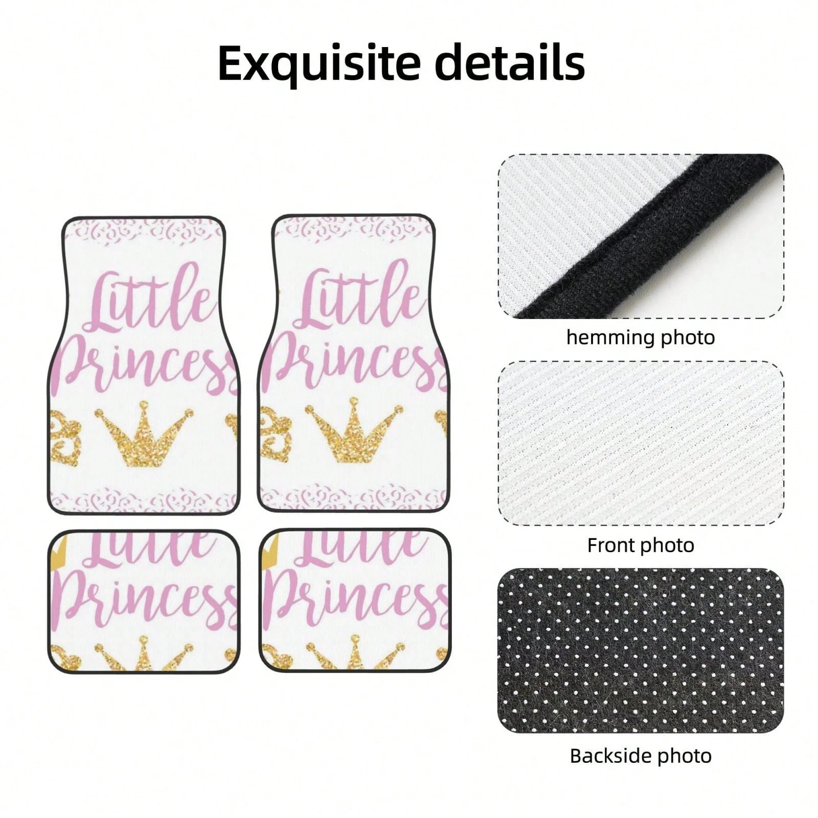 Pink Text Little Princ-Ess On White Background With Lace Car Floor Carpet Set Of 4, Auto Interior Floor Mats Durable Front & Rear Carpets For Car Accessories Decoration