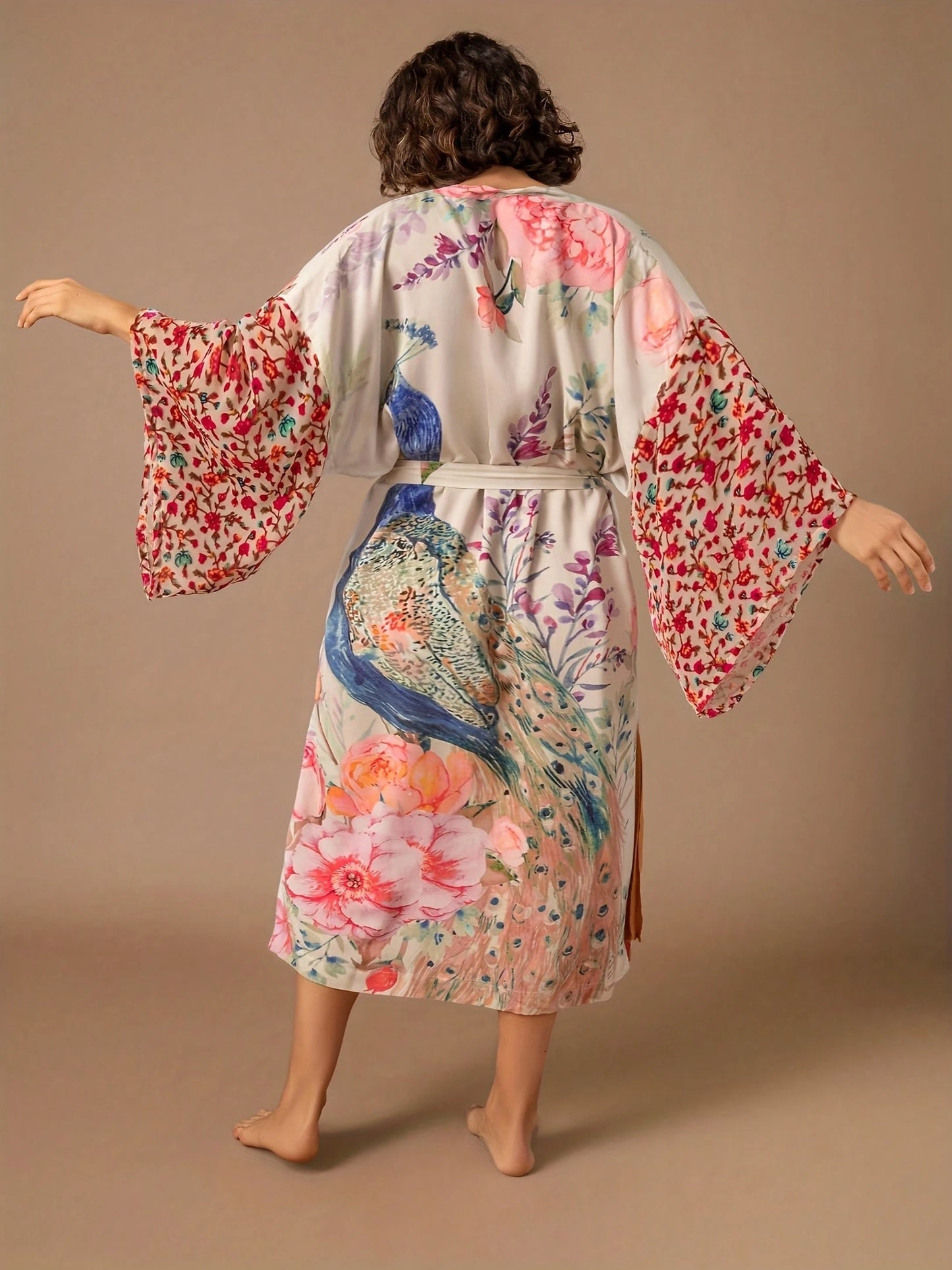 Plaque-Sized Women's Printed Beach Blouse, Peacock Pattern Positioning Printed Belt, Beach Vacation Style Long Cardigan Wrapped Dress