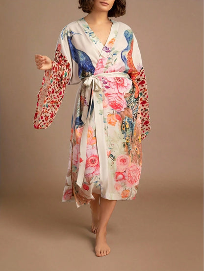 Plaque-Sized Women's Printed Beach Blouse, Peacock Pattern Positioning Printed Belt, Beach Vacation Style Long Cardigan Wrapped Dress