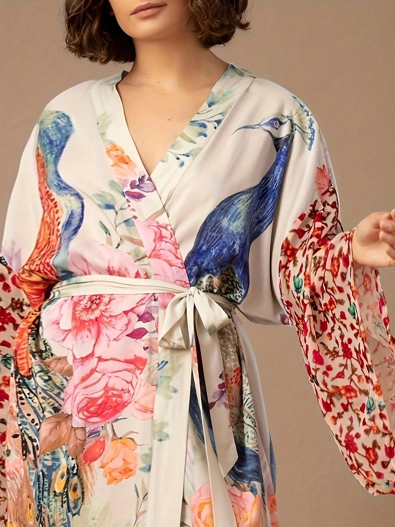 Plaque-Sized Women's Printed Beach Blouse, Peacock Pattern Positioning Printed Belt, Beach Vacation Style Long Cardigan Wrapped Dress