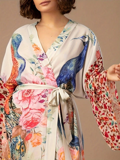 Plaque-Sized Women's Printed Beach Blouse, Peacock Pattern Positioning Printed Belt, Beach Vacation Style Long Cardigan Wrapped Dress