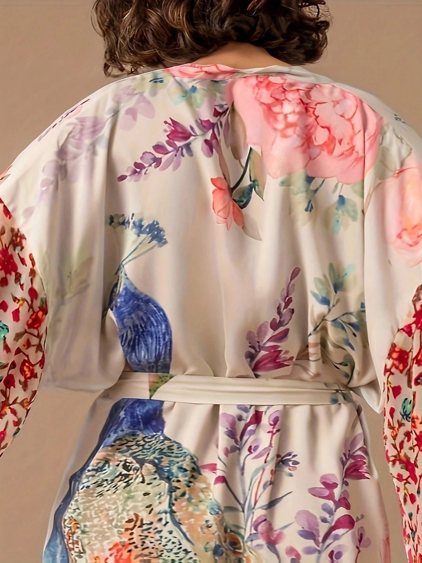 Plaque-Sized Women's Printed Beach Blouse, Peacock Pattern Positioning Printed Belt, Beach Vacation Style Long Cardigan Wrapped Dress