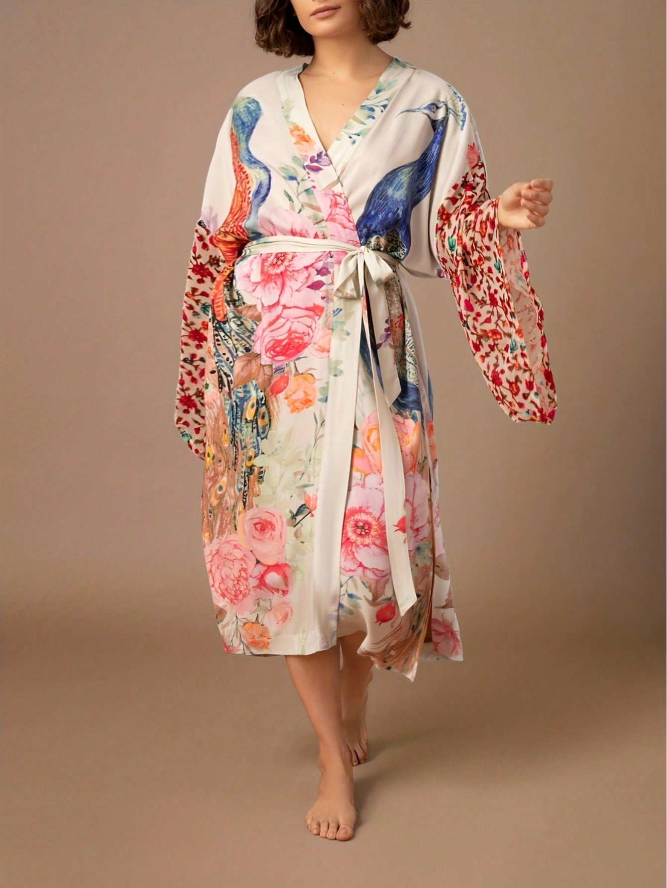 Plaque-Sized Women's Printed Beach Blouse, Peacock Pattern Positioning Printed Belt, Beach Vacation Style Long Cardigan Wrapped Dress