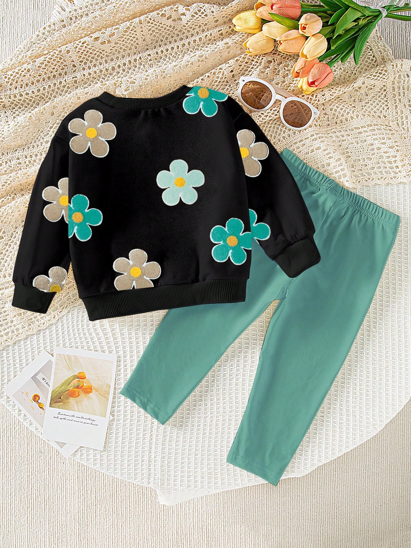 Playful Pals 2pcs Baby Girls Casual Cute Allover Floral Print Crew Neck Sweatshirt And Leggings Set, Adorable & Sweet, Suitable For Daily & Outdoor Wear, Autumn/Winter
