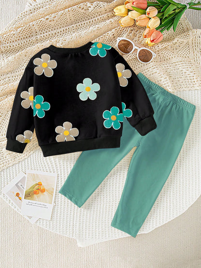 Playful Pals 2pcs Baby Girls Casual Cute Allover Floral Print Crew Neck Sweatshirt And Leggings Set, Adorable & Sweet, Suitable For Daily & Outdoor Wear, Autumn/Winter