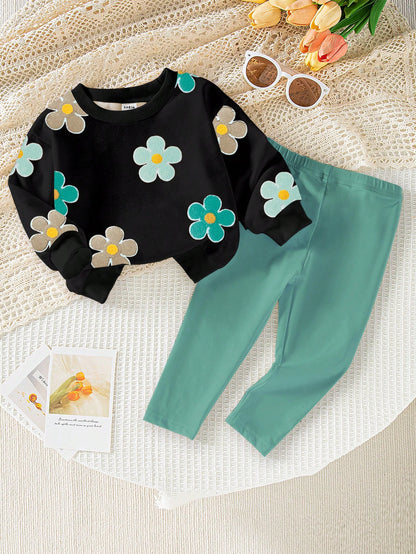 Playful Pals 2pcs Baby Girls Casual Cute Allover Floral Print Crew Neck Sweatshirt And Leggings Set, Adorable & Sweet, Suitable For Daily & Outdoor Wear, Autumn/Winter