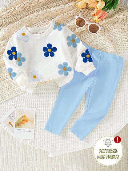 Playful Pals 2pcs Baby Girls Casual Cute Allover Floral Print Crew Neck Sweatshirt And Leggings Set, Adorable & Sweet, Suitable For Daily & Outdoor Wear, Autumn/Winter