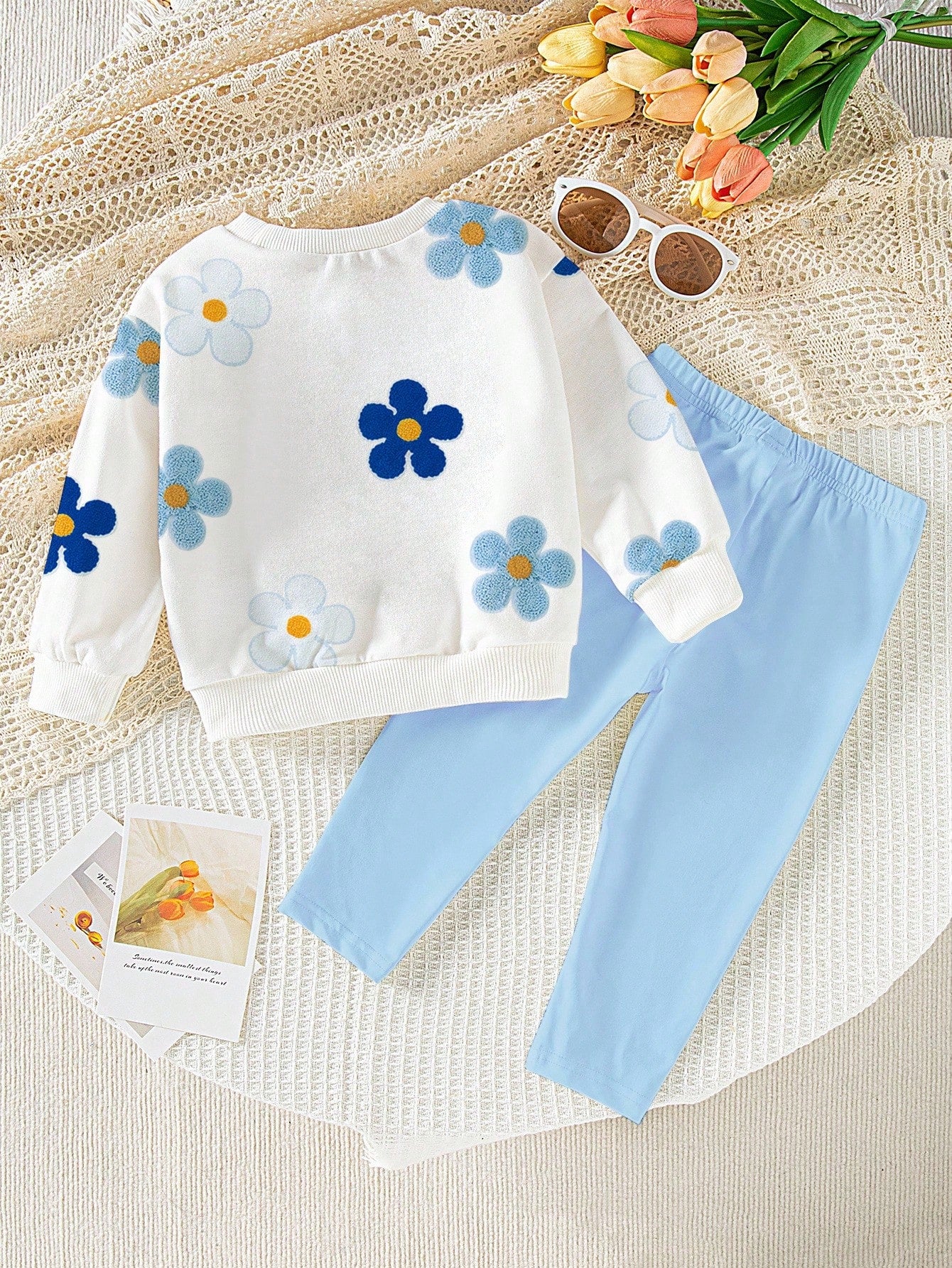 Playful Pals 2pcs Baby Girls Casual Cute Allover Floral Print Crew Neck Sweatshirt And Leggings Set, Adorable & Sweet, Suitable For Daily & Outdoor Wear, Autumn/Winter