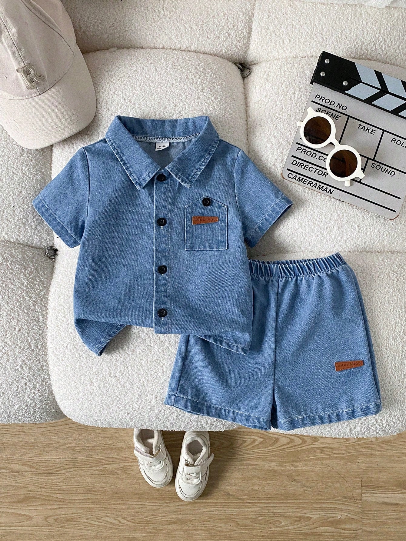 Playful Pals 2pcs Infant Baby Boy Summer Blue Denim Set Fashionable Lapel Short Sleeve Cardigan Top&Shorts Minimalist Casual Beach Outfit Loose Fit Toddler Clothes