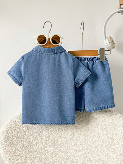 Playful Pals 2pcs Infant Baby Boy Summer Blue Denim Set Fashionable Lapel Short Sleeve Cardigan Top&Shorts Minimalist Casual Beach Outfit Loose Fit Toddler Clothes