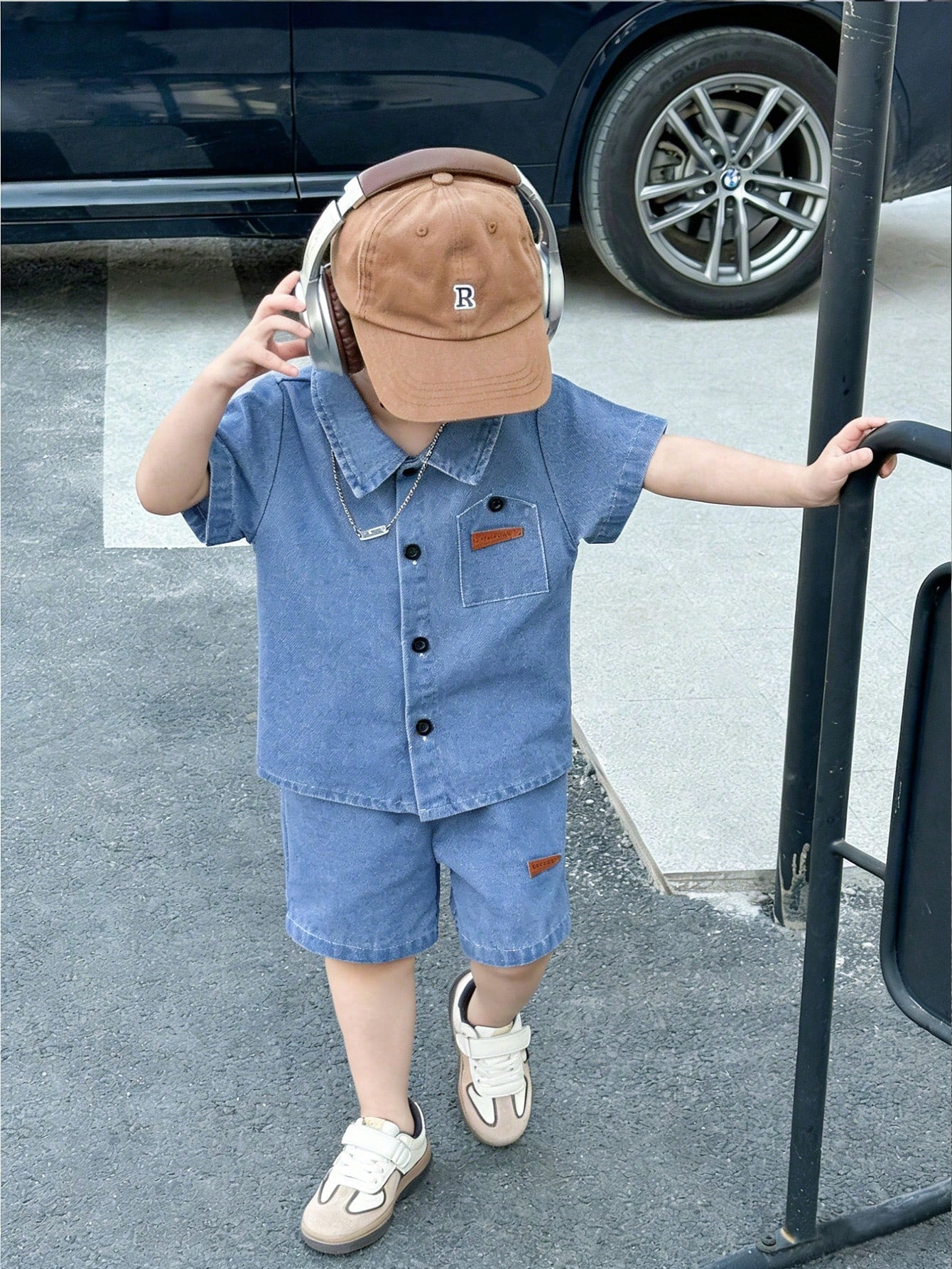 Playful Pals 2pcs Infant Baby Boy Summer Blue Denim Set Fashionable Lapel Short Sleeve Cardigan Top&Shorts Minimalist Casual Beach Outfit Loose Fit Toddler Clothes