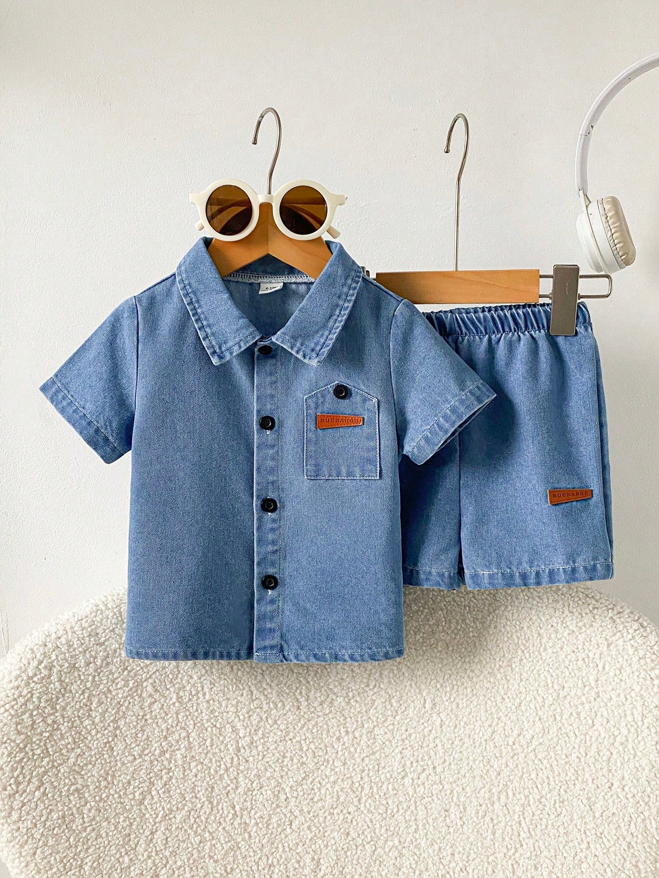 Playful Pals 2pcs Infant Baby Boy Summer Blue Denim Set Fashionable Lapel Short Sleeve Cardigan Top&Shorts Minimalist Casual Beach Outfit Loose Fit Toddler Clothes