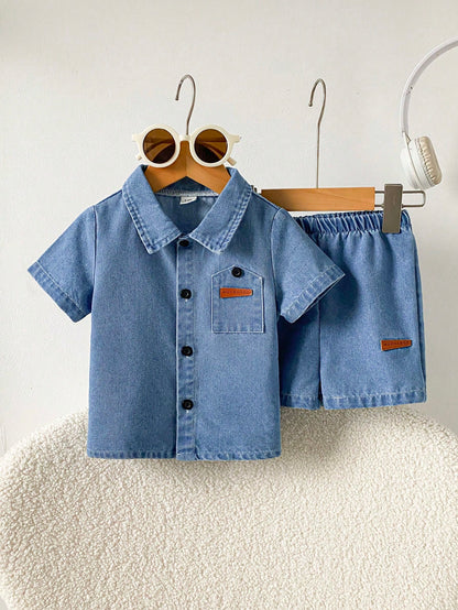 Playful Pals 2pcs Infant Baby Boy Summer Blue Denim Set Fashionable Lapel Short Sleeve Cardigan Top&Shorts Minimalist Casual Beach Outfit Loose Fit Toddler Clothes
