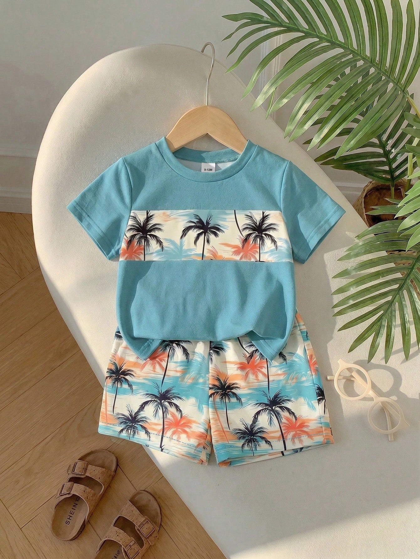 Playful Pals 2pcs/Set Baby Boys' Tropical Plant & Coconut Tree Print Blue T-Shirt And Shorts Summer Casual Vacation Holiday Beach Outfit For Infant & Toddler 6M-3T