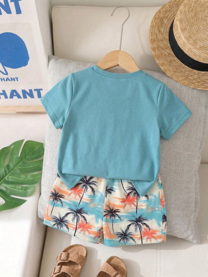 Playful Pals 2pcs/Set Baby Boys' Tropical Plant & Coconut Tree Print Blue T-Shirt And Shorts Summer Casual Vacation Holiday Beach Outfit For Infant & Toddler 6M-3T