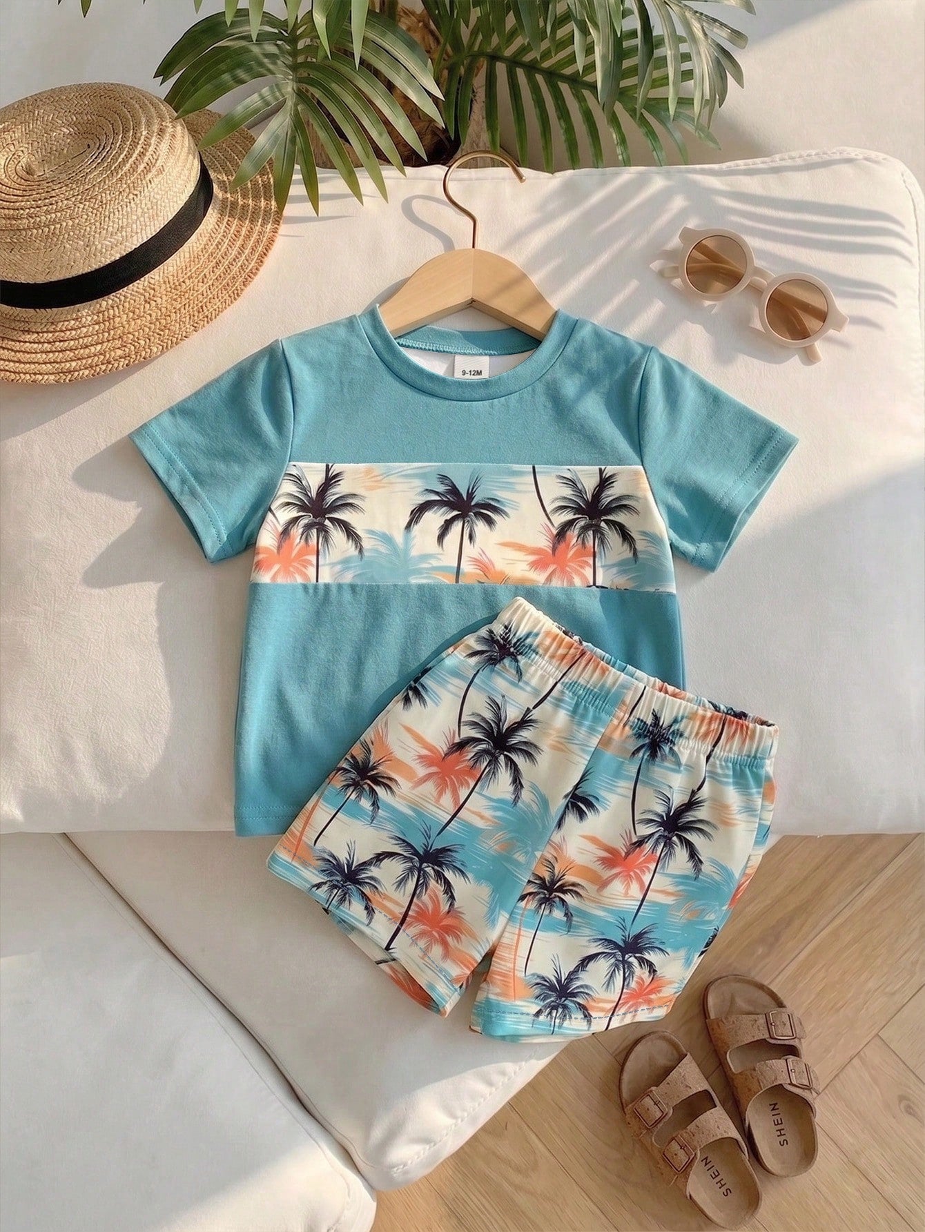 Playful Pals 2pcs/Set Baby Boys' Tropical Plant & Coconut Tree Print Blue T-Shirt And Shorts Summer Casual Vacation Holiday Beach Outfit For Infant & Toddler 6M-3T