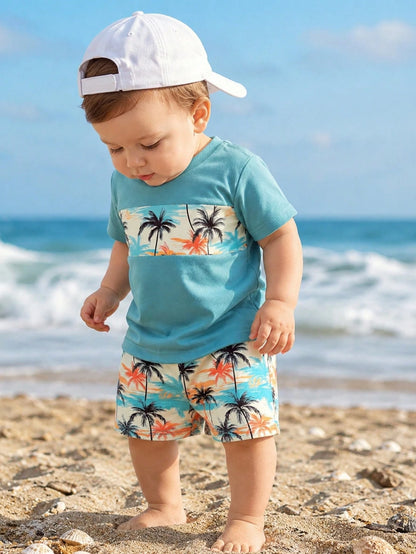 Playful Pals 2pcs/Set Baby Boys' Tropical Plant & Coconut Tree Print Blue T-Shirt And Shorts Summer Casual Vacation Holiday Beach Outfit For Infant & Toddler 6M-3T