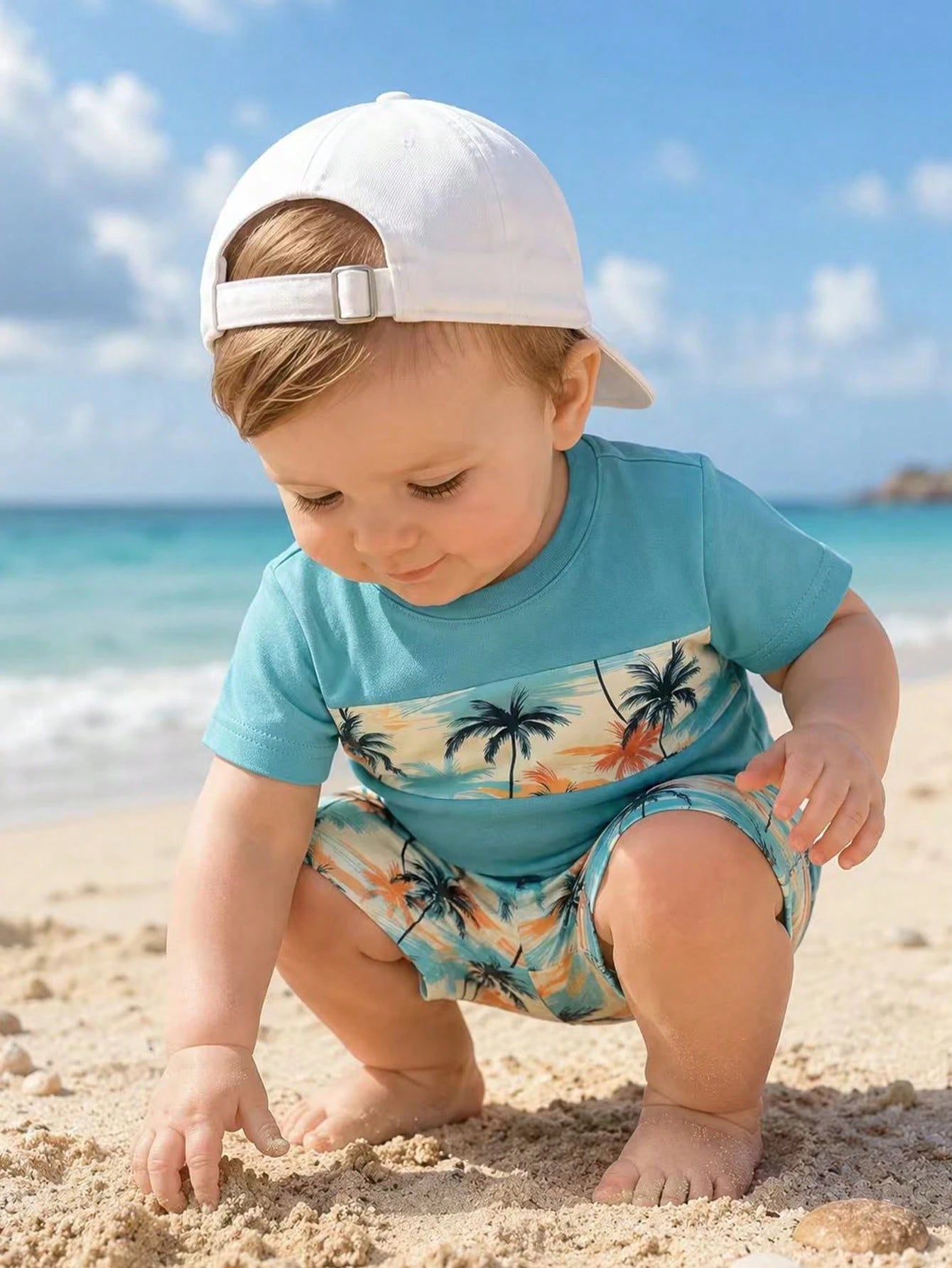 Playful Pals 2pcs/Set Baby Boys' Tropical Plant & Coconut Tree Print Blue T-Shirt And Shorts Summer Casual Vacation Holiday Beach Outfit For Infant & Toddler 6M-3T