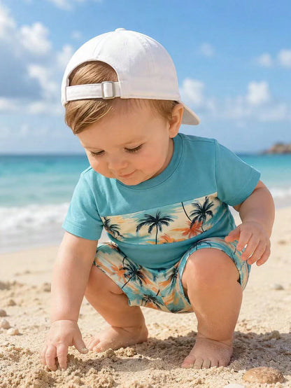 Playful Pals 2pcs/Set Baby Boys' Tropical Plant & Coconut Tree Print Blue T-Shirt And Shorts Summer Casual Vacation Holiday Beach Outfit For Infant & Toddler 6M-3T