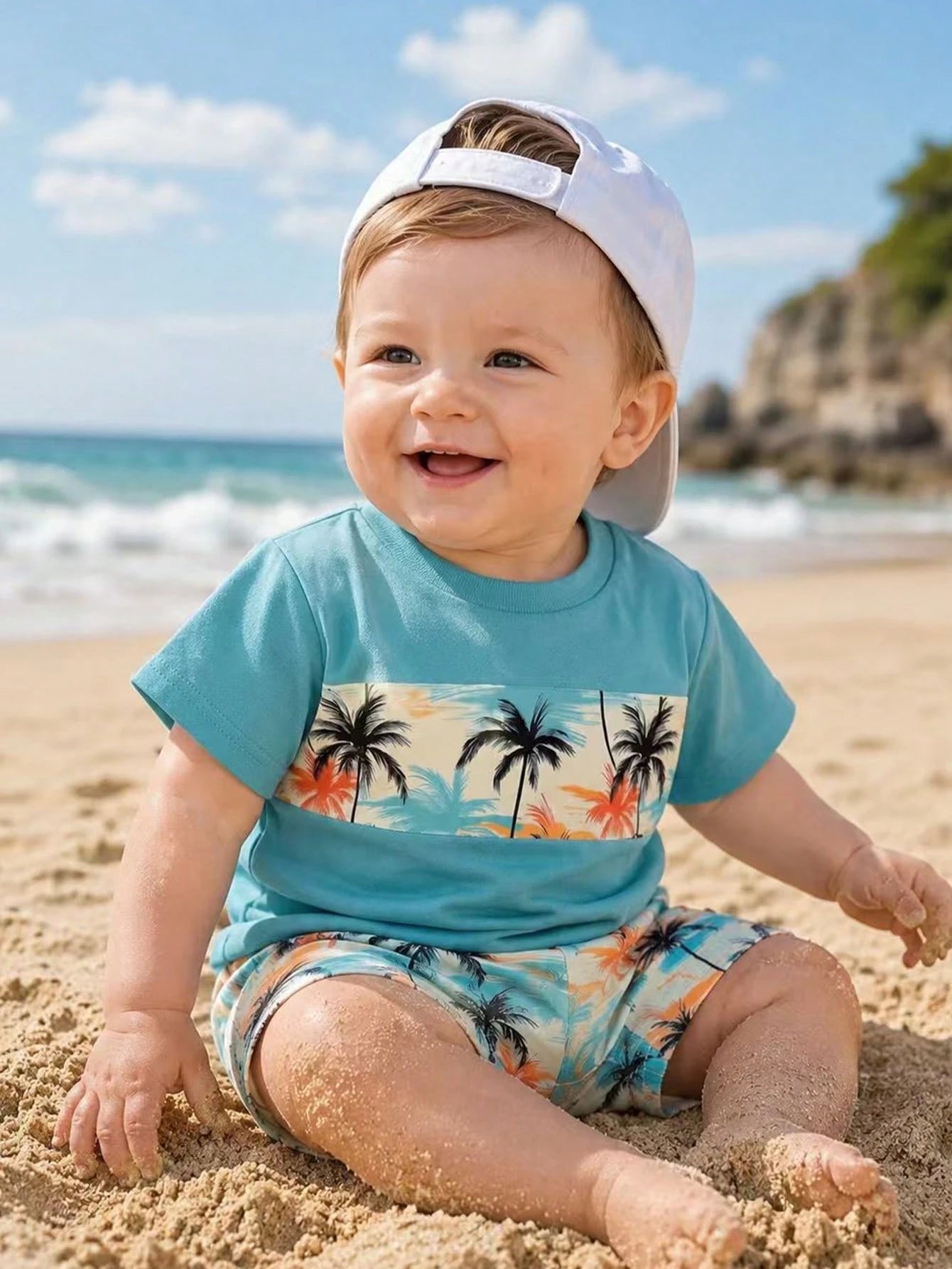 Playful Pals 2pcs/Set Baby Boys' Tropical Plant & Coconut Tree Print Blue T-Shirt And Shorts Summer Casual Vacation Holiday Beach Outfit For Infant & Toddler 6M-3T